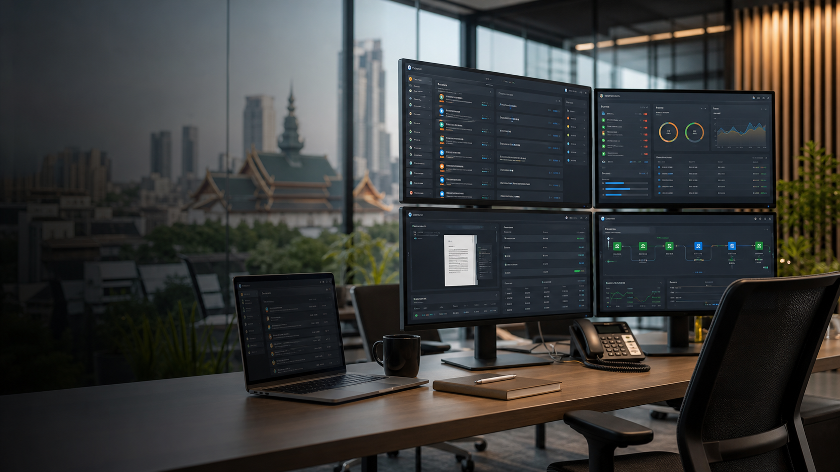 Paparan operasi moden dengan dashboard pekerja AI untuk tugasan bisnes